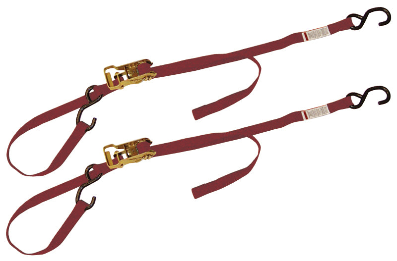 Tie Down Strap Red Ratchet 1" Wide 69" Long 4500 Lb Test 3 / 8"Hook Fits 1"Handlebars