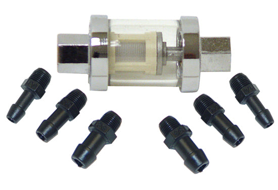 Universal In-Line Fuel Filter Fits 1 / 4" 5 / 16"Or 3 / 8"Id Hose Glass Body W / Chrome Ends