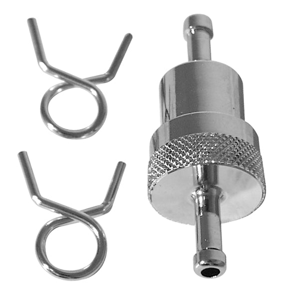 Fuel Filter Performance Chrome W / Brass Washable Element 3" Lg 5 / 16" Fuel Line W / Hose Clamps