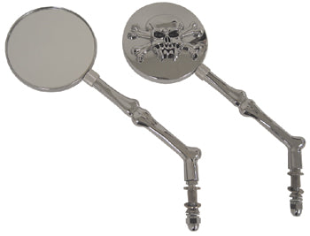 Mirrors Skull & Cross Bones Big Twin Sportster OE Mt 3-1 / 2" Rd Glass Face 6" Boney Stem Die Cast Cp