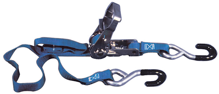 Tie Down Strap Blue Ratchet 1" Wide 69" Long 4500 Lb Test 3 / 8"Hook Fits 1"Handlebars