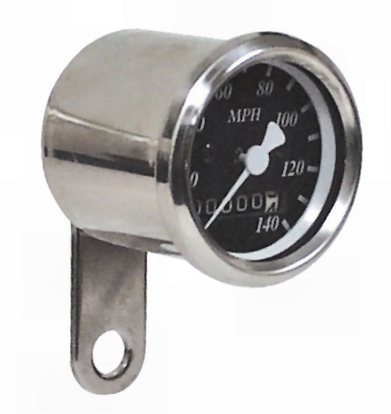 Spdo 1 7 / 8"Mini 2:1 Black Face Big Twin 36 / 67 FX Fxr 73 / 90 Spt54 / 90 Transmission Dr / Fr Whl Stainless Steel Case / Mounting Hrdw