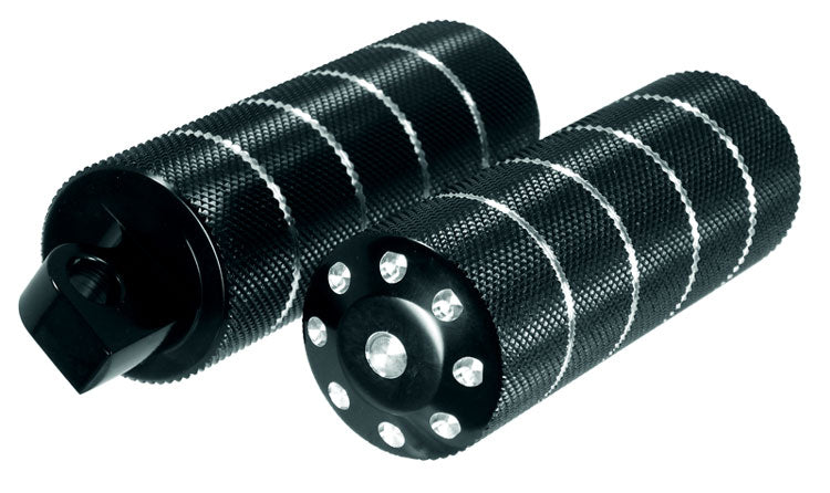 Billet Aluminum Footrests Male Mounts 1-5 / 8" O.D. Knurled Black Anodized