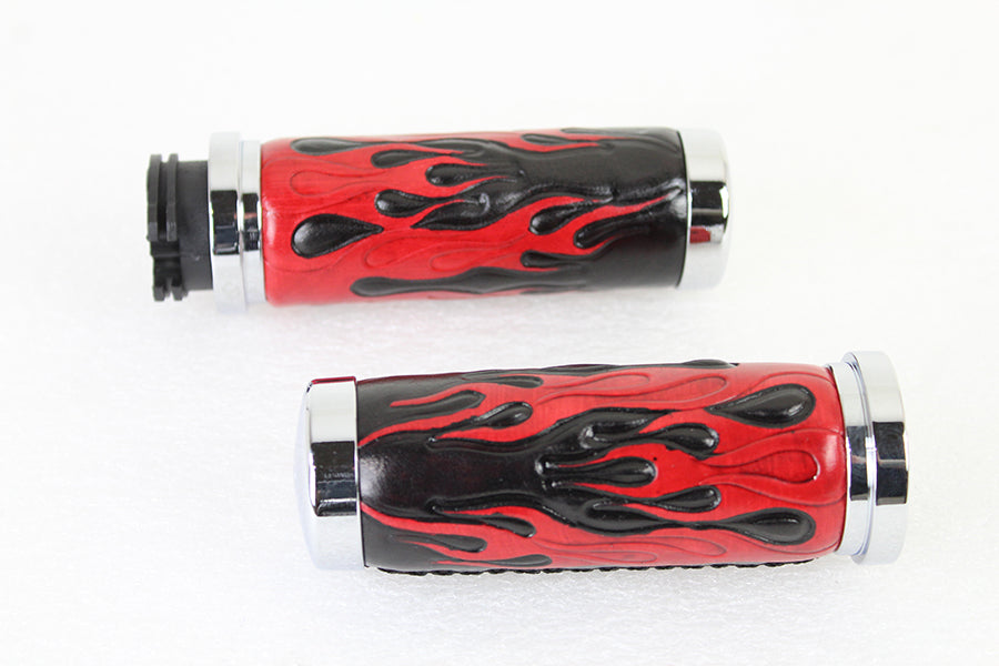 Red Flame Style Grip Set with Chrome Ends 1996 / 2015 FXST 1996 / 2015 FLST 1996 / 2017 FXD 1996 / UP XL 1996 / 2007 FLT