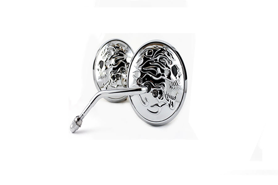 Round Skull and Flame Mirror Set with One Piece Stems Chrome 1965 / UP All models for left and right side application